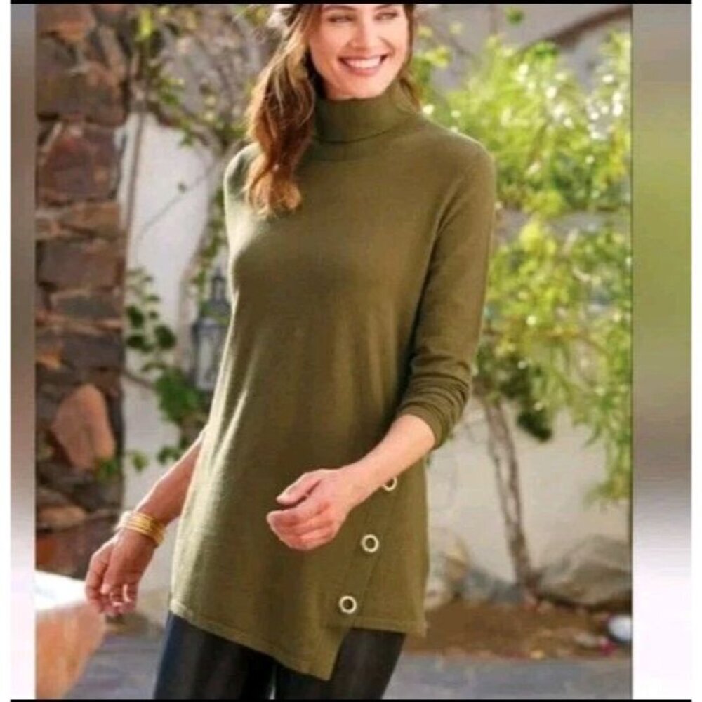 Soft Surroundings Womens Sleek Lines Turtleneck Sweater Green Size Medium